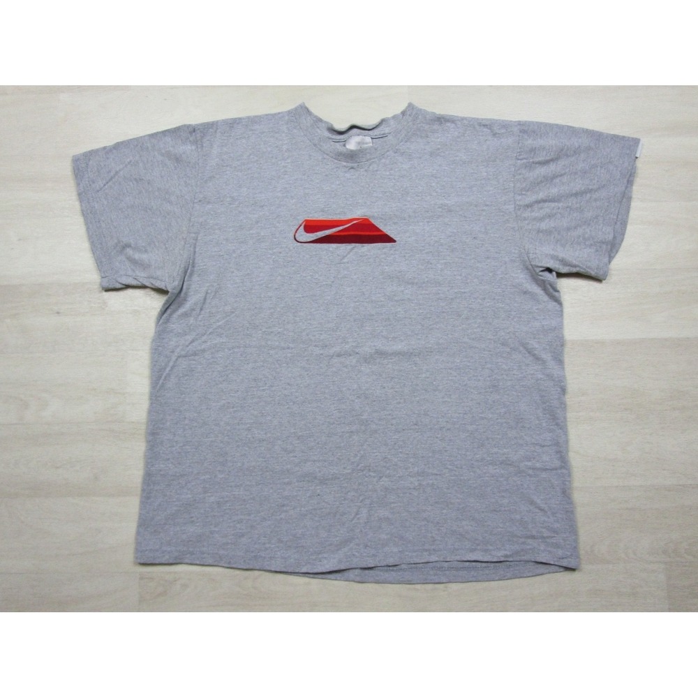 Vintage Y2K NIKE T Shirt Men's (L) Flock Print Swoosh Silver Tag Athletic USA